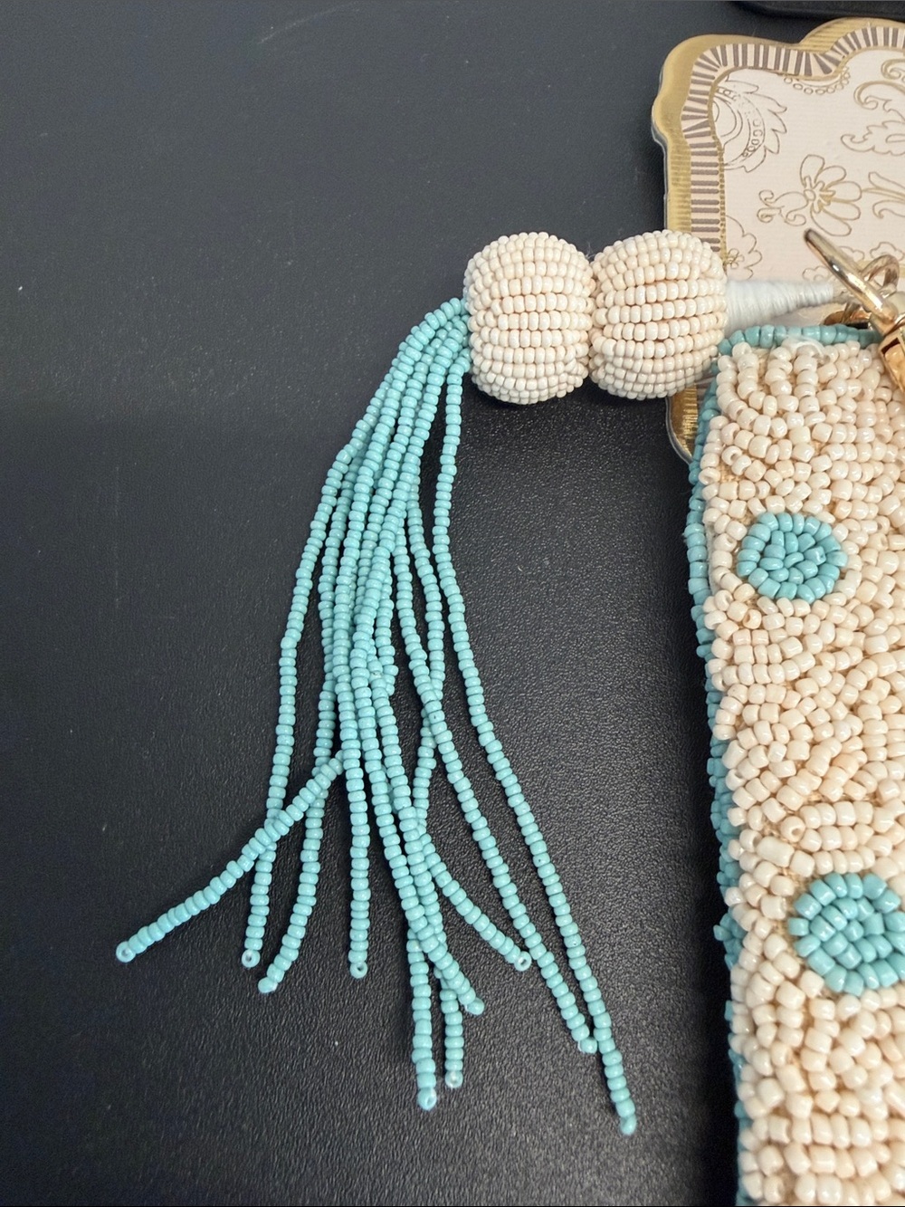 India Handmade | Cream Beaded Wristlet/Wallet w/ Turquoise Polka Dots - Picture 5 of 9